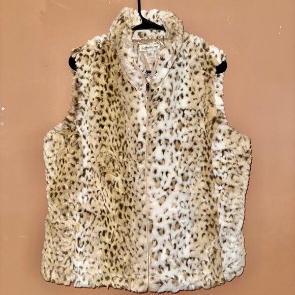 Coldwater Creek Faux Fur Tan Animal Print Vest Full Zip Women's - Size Large - Picture 1 of 8
